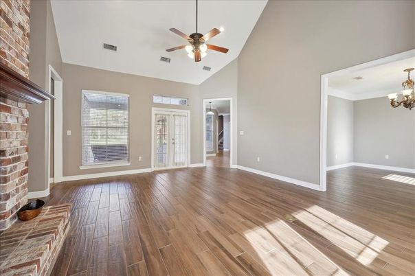 Chandelier, Empty room, Interior, Stone Walls, Wood Texture Flooring