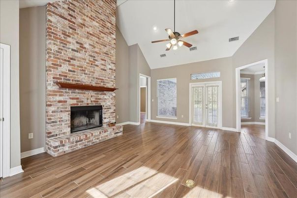 Empty room, Fireplace, Interior, Stone Walls, Wood Texture Flooring