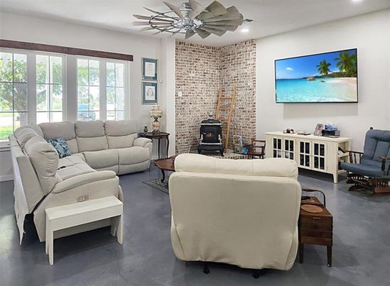 Fireplace, Interior, Living room, Recessed Lighting, Stone Walls