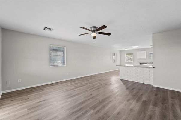 Empty room, Interior, Kitchen, Recessed Lighting, Wood Texture Flooring
