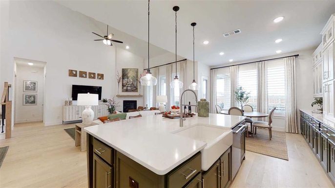 Dining room, Fireplace, Interior, Kitchen, Living room, Pendant Lights, Recessed Lighting, Wood Texture Flooring