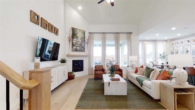 Dining room, Fireplace, Interior, Living room, Recessed Lighting, Wood Texture Flooring
