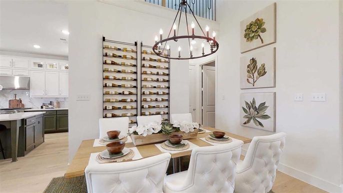 Dining room, Interior, Kitchen, Pendant Lights, Recessed Lighting, Wood Texture Flooring