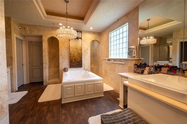 Bathroom, Chandelier, Interior, Recessed Lighting, Wood Texture Flooring