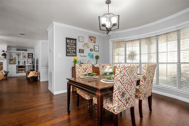 Dining room, Interior, Pendant Lights, Wood Texture Flooring
