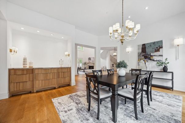 Chandelier, Dining room, Interior, Recessed Lighting, Wood Texture Flooring