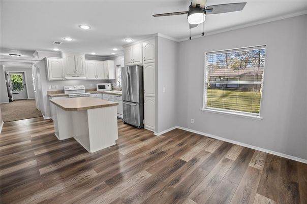 Interior, Kitchen, Recessed Lighting, Stainless Steel Appliances, Wood Texture Flooring