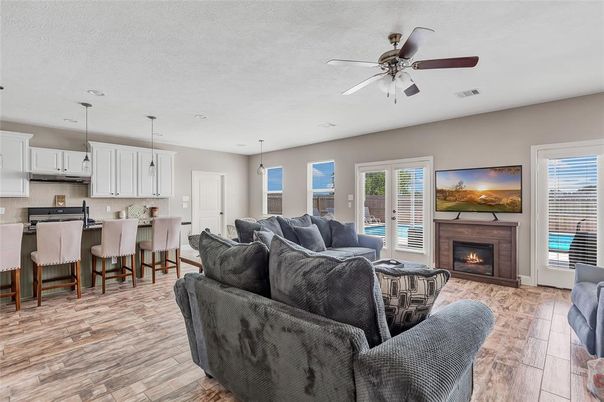 Fireplace, Interior, Kitchen, Living room, Pendant Lights, Recessed Lighting, Wood Texture Flooring