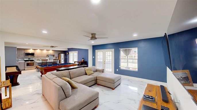 Billiard Table, Game Room, Interior, Kitchen, Living room, Marble, Recessed Lighting, Stainless Steel Appliances