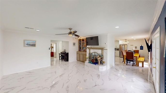 Dining room, Fireplace, Interior, Kitchen, Marble, Recessed Lighting