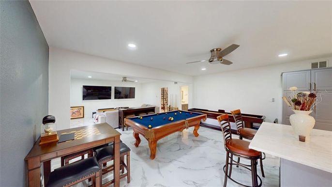 Billiard Table, Game Room, Interior, Marble, Recessed Lighting