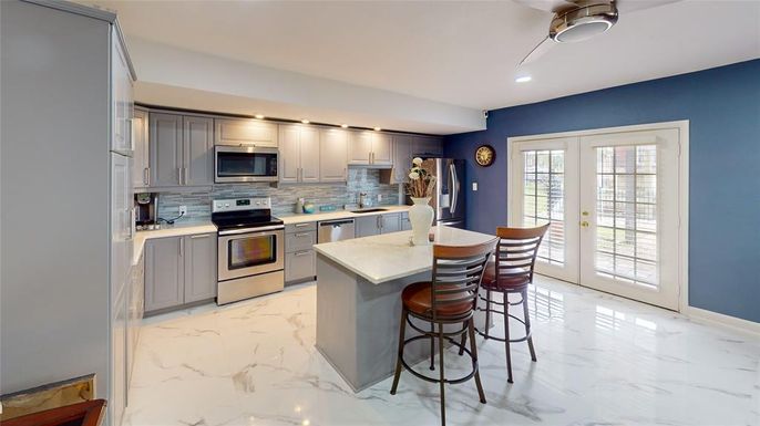 Interior, Kitchen, Marble, Recessed Lighting, Stainless Steel Appliances