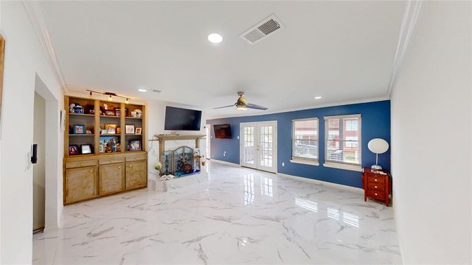 Fireplace, Interior, Marble, Recessed Lighting
