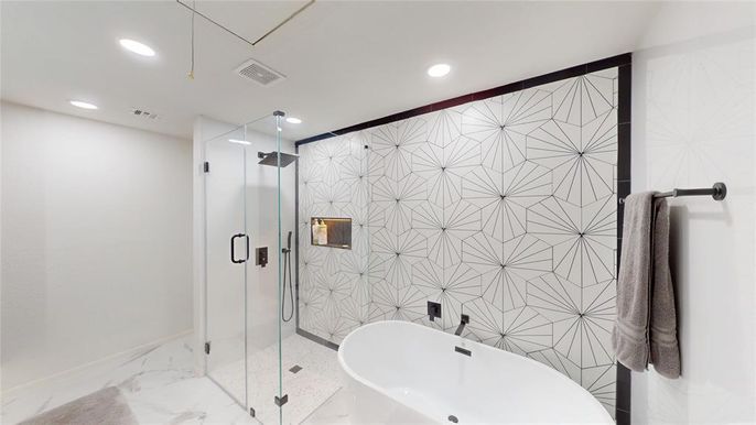 Bathroom, Glass Shower, Interior, Marble, Recessed Lighting