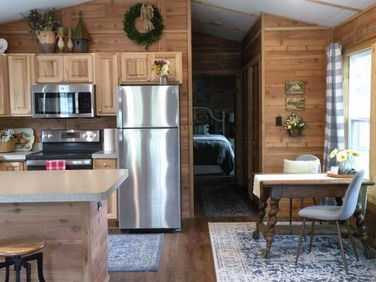 Interior, Kitchen, Stainless Steel Appliances, Wood Texture Flooring, Wooden Walls