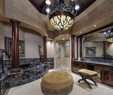 Bathroom, Interior, Pendant Lights, Recessed Lighting, Stone Walls