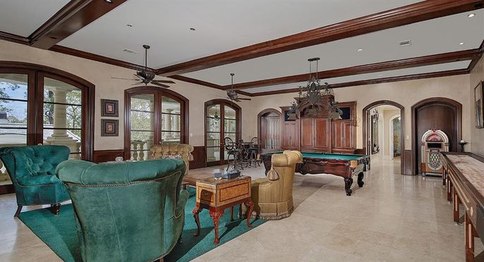 Billiard Table, Chandelier, Game Room, Interior, Recessed Lighting