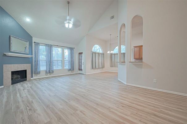 Empty room, Fireplace, Interior, Pendant Lights, Recessed Lighting, Wood Texture Flooring