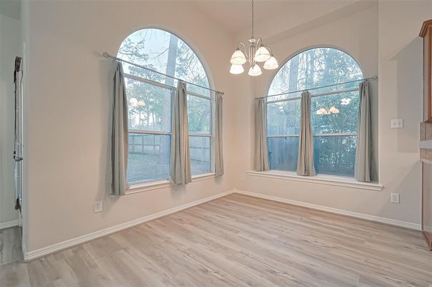 Chandelier, Empty room, Interior, Pendant Lights, Wood Texture Flooring