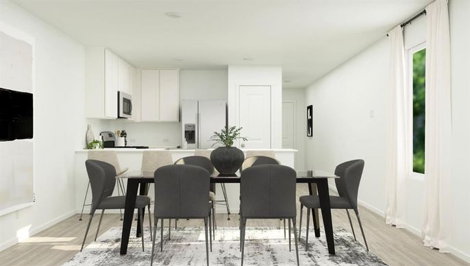 Dining room, Interior, Kitchen, Recessed Lighting, Wood Texture Flooring