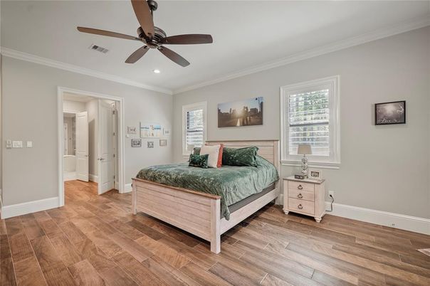 Bedroom, Interior, Recessed Lighting, Wood Texture Flooring