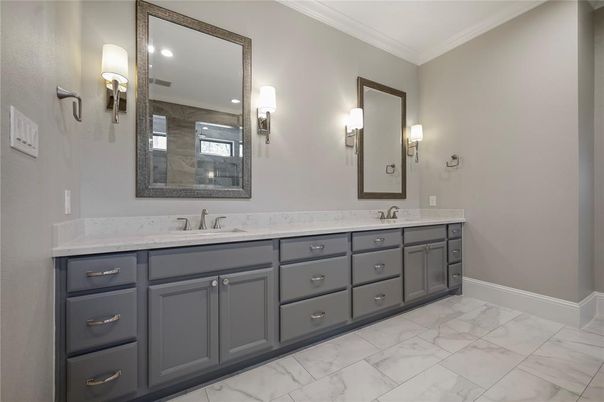 Bathroom, Dual Sink Vanities, Interior, Marble, Recessed Lighting