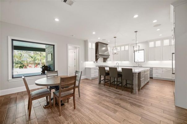 Dining room, Interior, Kitchen, Pendant Lights, Recessed Lighting, Wood Texture Flooring