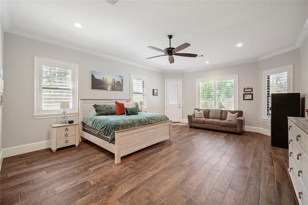 Bedroom, Interior, Recessed Lighting, Wood Texture Flooring