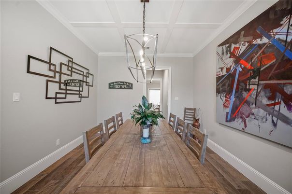 Dining room, Interior, Pendant Lights, Wood Texture Flooring