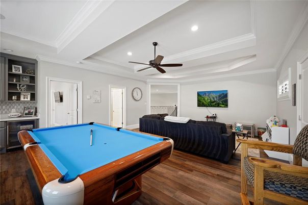 Billiard Table, Game Room, Interior, Living room, Recessed Lighting, Wood Texture Flooring