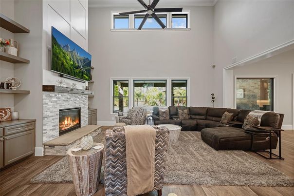 Fireplace, Interior, Living room, Pendant Lights, Wood Texture Flooring