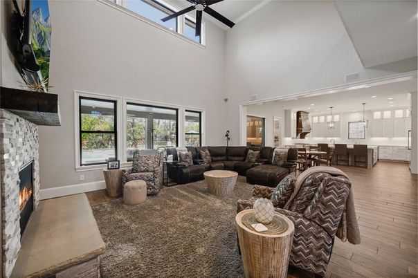 Dining room, Fireplace, Interior, Kitchen, Living room, Pendant Lights, Recessed Lighting, Wood Texture Flooring