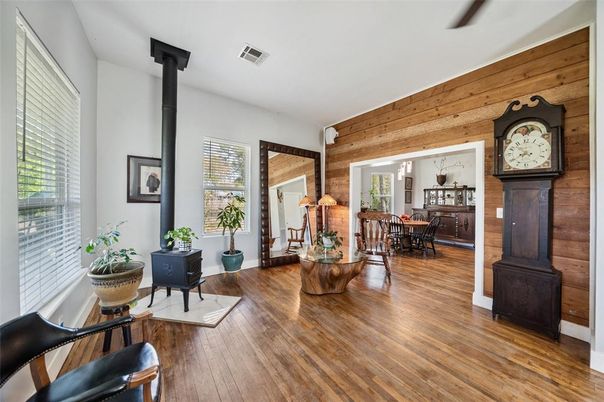 Dining room, Fireplace, Interior, Wood Texture Flooring, Wooden Walls