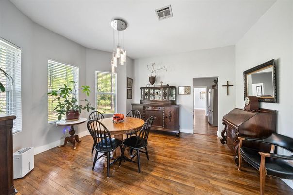 Dining room, Interior, Pendant Lights, Wood Texture Flooring