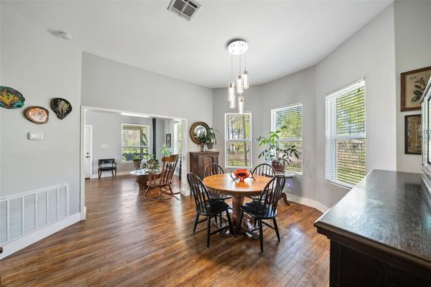 Dining room, Interior, Pendant Lights, Wood Texture Flooring