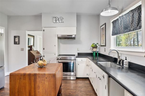Interior, Kitchen, Pendant Lights, Stainless Steel Appliances, Wood Texture Flooring