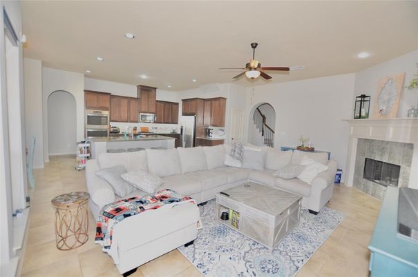 Fireplace, Interior, Kitchen, Living room, Recessed Lighting, Stainless Steel Appliances