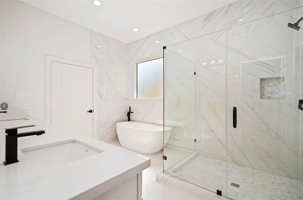 Bathroom, Free Standing Baths, Glass Shower, Interior, Marble Walls, Recessed Lighting