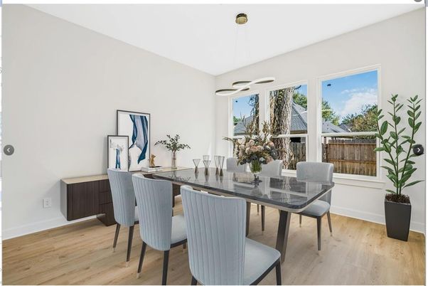 Dining room, Interior, Pendant Lights, Wood Texture Flooring