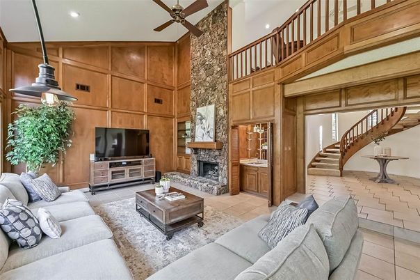 Fireplace, Interior, Living room, Recessed Lighting, Wooden Walls