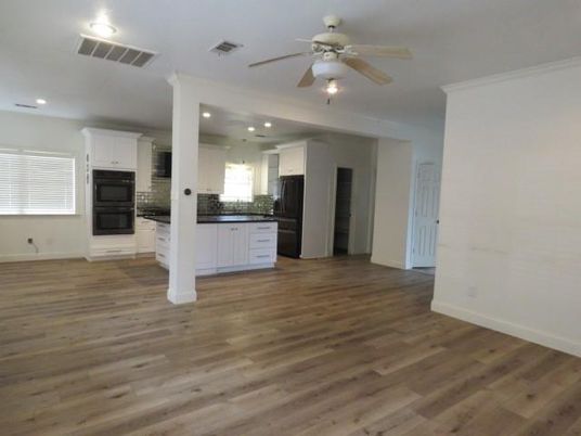 Empty room, Interior, Kitchen, Recessed Lighting, Wood Texture Flooring