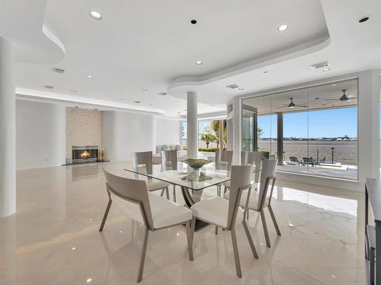 Dining room, Fireplace, Interior, Marble, Recessed Lighting, Water