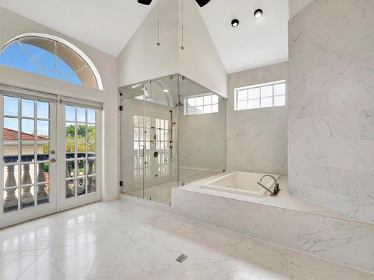 Bathroom, Glass Shower, Interior, Marble, Marble Walls, Recessed Lighting