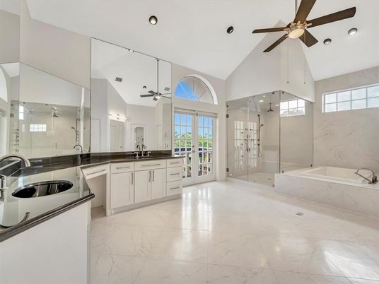 Bathroom, Dual Sink Vanities, Glass Shower, Interior, Marble, Recessed Lighting