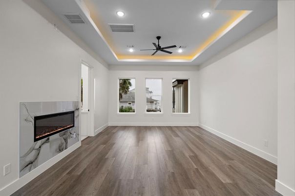 Empty room, Fireplace, Interior, Recessed Lighting, Wood Texture Flooring