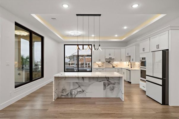 Interior, Kitchen, Pendant Lights, Recessed Lighting, Stainless Steel Appliances, Wood Texture Flooring