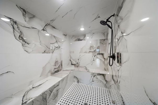 Bathroom, Glass Shower, Interior, Marble Walls, Recessed Lighting