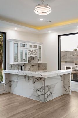 Interior, Kitchen, Marble Walls, Recessed Lighting, Wood Texture Flooring