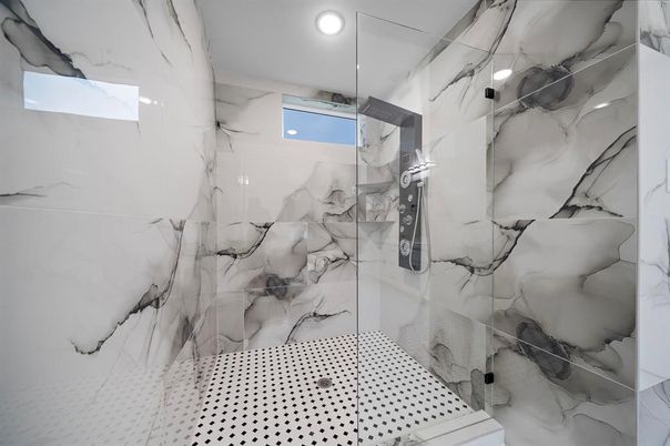 Bathroom, Glass Shower, Interior, Marble Walls, Recessed Lighting