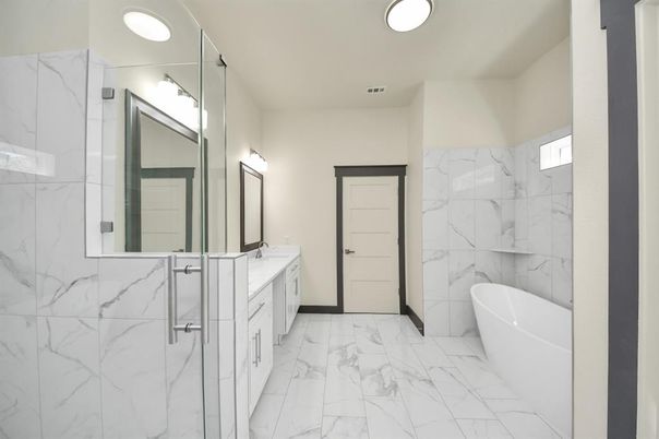 Bathroom, Dual Sink Vanities, Free Standing Baths, Interior, Marble, Marble Walls
